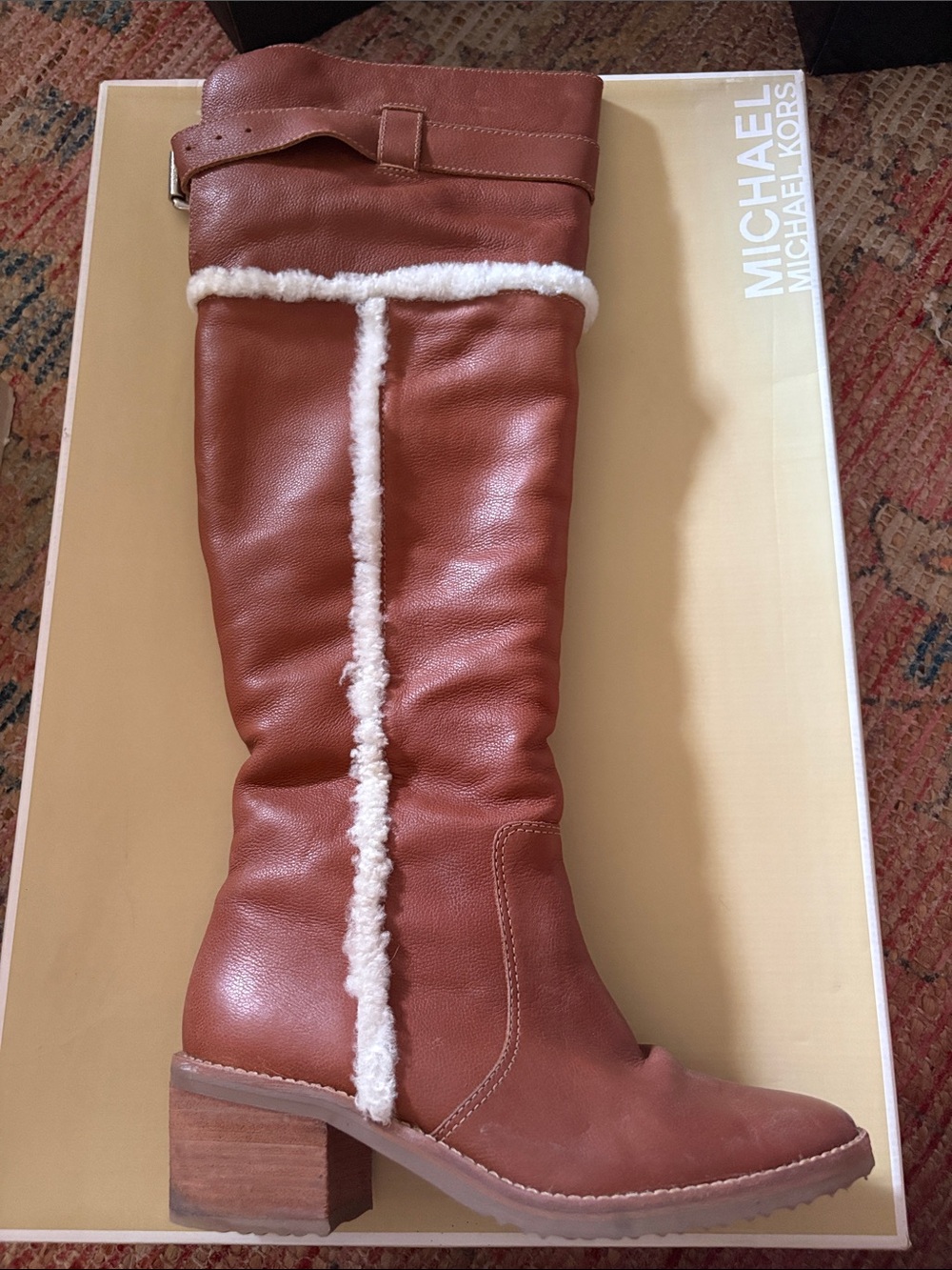 Michael kors brown leather Sherpa lined Buckle heeled boots